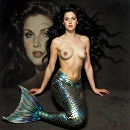 Portrait, body centered, pinup shot and pose, dark sultry beautiful mermaid with long flowing hair, iridescent scales on her body, fish tail, by j.c. Leyendecker, Brom, face by Otto Schmidt