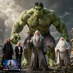 the hulk starring as gandalf in lord of the rings, staff, white beard,, cnn news footage.