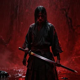 a samurai, holding a sword, darkness, red and black, horror, red rain, liquid, cinematic ambience, octane render, 8k, Ultra realistic,