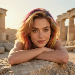 cute face portrait of muscled Mila Kunis with rainbow hair chilling on a rock, sun down golden hour , ancient ruins,  sun ray prisms through wind swept saturated pollen, intricate, highly detailed, epic vista, very crispy, Ralph Horsley, Daniel F. Gerhartz, Artgerm, Boris Villajo, Lilia Alvarado