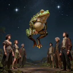 muscular frog jumps to the sky to become one with the stars, by john william godward and anna dittman and laurie greasley and victo ngai and taro okamoto and caspar david friedrich, full body portrait atmospheric lighting, intricate detail, cgsociety, hyperrealistic, octane render, rpg portrait, ambient light, dynamic lighting