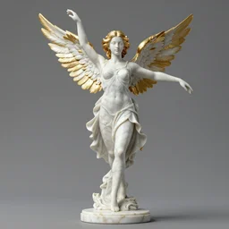 a statue made of white marble with and gold of a beautiful blonde angel girl dancing ballet, full body shot, perfect symmetrical body, perfect symmetrical face, hyper realistic, hyper detailed, by johannen voss, by peter kemp, by monia merlo, by michelangelo, octane render, blender, 8 k