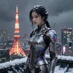 portrait futuristic talented cyberpunk female Alchemist, in futuristic stormy heavy snowy thunder tokyo rooftop Enchantment cyberpunk night, ssci-fi, fantasy, intricate, very very beautiful, elegant, neon light, highly detailed, digital painting, artstation, concept art, soft light, hdri, smooth, sharp focus, illustration, art by tian zi and craig mullins and WLOP and alphonse mucha