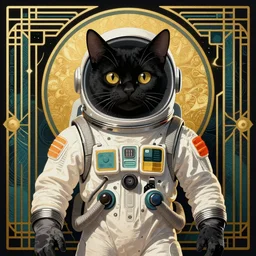 black cat in space suit in style of Art Deco, retrofuturism, 4k, hyper realistic, incredible details,