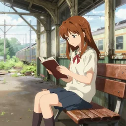 a beautiful girl, mikoto misaka, sitting on a bench reading at an abandoned overgrown train station, old train station, establishing shot, wlop, art by rossdraws, art by ross tran, pixiv, anime film still, anime key art, 4 k hd anime wallpaper, paper texture