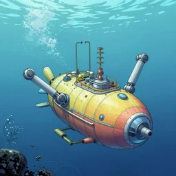 under water ocean exploration station and a pod submarine with robot arms in deep ocean, by john berkey, by mike mignola, bright pastel color