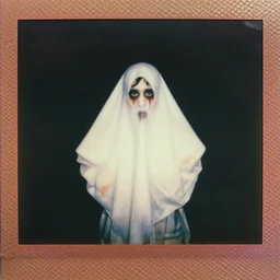 an instant photo of a handsome but sinister ghost of a man in layers of fear, with violence in his eyes, 1 9 7 0 s, seventies, woodlands, delicate embellishments, a little blood, crimson, painterly, offset printing technique, by mary jane ansell