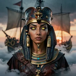 symmetry! middle closeup chamber portrait of a biblical diabolical pirate female pharaoh, stylish leather armor, pirate ship, closeup, bright glowing eyes, in clouds, rain, sunset, by gerald brom, by mikhail vrubel, by peter elson, muted colors, extreme detail, mirrors, trending on artstation, 8 k