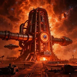 a warm orange red mars saturated colours, high contrast dark hyperreal deep space dock mining platform with massive piping inspired by nuclear reactor core maschinen krieger mri machine millennium falcon space-station Vuutun Palaa submarine, space-station Vuutun Palaa, ilm, beeple, star citizen halo, mass effect, starship troopers, elysium, iron smelting pits, high tech industrial, dramatic nebula sky, volumetric lighting