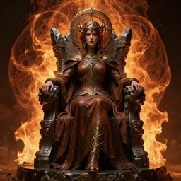 steampunk pyromancer woman, ornamental halo, brown body, intricate robes, sitting on obsidian throne, fractal fire background, sharp focus, highly detailed, cinematic lighting, studio quality, chiaroscuro, smooth render, unreal engine 5 rendered, octane, rendered, by artgerm, greg rutkowski, alphonse mucha