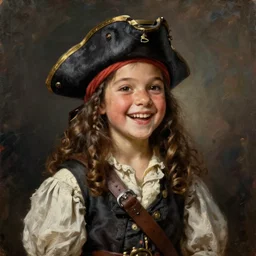 oil painting, laughing, happy, beautiful, intelligent, tanned, female pirate captain 2 8 years old, 1 9 4 0 s haircut, fully clothed, wise, beautiful, masterful 1 8 0 0 s oil painting, dramatic lighting, sharp focus