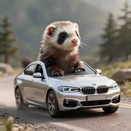 a ferret driving a BMW