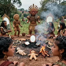 sensual scene from art house film by alejandro jodorowsky, roger ballen : : surreal scene of an occult ritual in a picturesque outdoors setting : : mirrors, ashes, new guinea mud man, costumes, snakes, smoke, burned dolls : : close - up of the actors'faces : : technicolor, 8 k