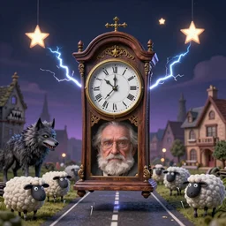grandfather's clock floating in the sky showing 1 2, evil wolf in town square, sheep on a road with human nails, stars with teeth in the sky, midnight scene, detailed, 3 d, intricate details, gothic, by vincent di fate, artgerm, smooth gradients, octane render, 8 k, volumetric lightning, high contrast, depth of field, coherent face
