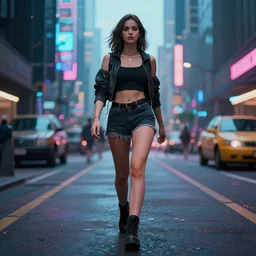 face photo of a beautiful woman walking through a ( ( ( cyberpunk city ) ) ), full body, hyper realistic, 8 k, dslr, unreal engine, highly detailed portrait