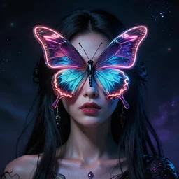 a portrait of a beautiful woman with a neon butterfly covering her face head, cult secret society art by james paick, and shaddy safadi, ominous, cosmic horror, trending on artstation, ultra detailed, hyper realistic 4 k, octane, cinema 4 d, c 4 d render in the style of studio ghibli