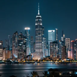 a futuristic city skyline at night