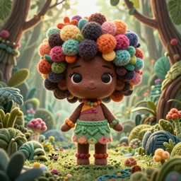 symmetry!, wide angle dynamic portrait of a chibbi black girl with a colorful afro in a futuristic zen jungle heaven, macrophotography, felt texture, amigurumi by mark ryden and todd schorr and mark davis and zdislaw beksinski in a surreal lowbrow style, digital paint, matte paint, vivid synthwave colors, breathtaking landscape