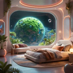 a futuristic cozy bedroom from oblivion movie, by ward lindhout and simon besombes and jung yeon min, with some neon light details, art deco minimalist details, lens orbs, global illumination, with a glass futuristic window overlooking a lush green alien planet from space, lounge, architectural, volumetric lighting, granular detail, hypermaximalist, micro details, blender, vray