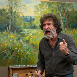 old bob ross is sad and angry and yelling at a huge painting of nature by bob ross