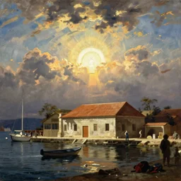 the Roman villa by the harbour, ancient art, light of god, Tate collection, in style of J.M.W. Turner