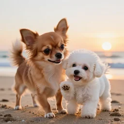 a photorealistic closeup photograph of a cute brown colored long haired chihuahua cocker spaniel dog as well as a smiling white bichon frise puppy playing together at the beach. sunset, surf, brightly lit scene. fine detail. nice composition. 4 k hd unreal engine