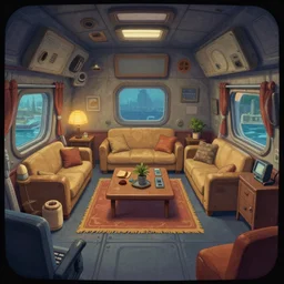 in the living quarters, inside a small cargo spaceship, from a point and click 2 d graphic adventure game, art inspired by [ [ thomas kinkade ] ] and mark keathley