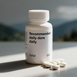 a bottle of pills with a melted label written recommended daily dose on it
