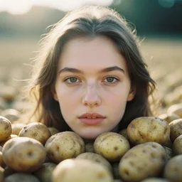 analog close up frontal face portrait photography of a beautiful woman surrounded by potatoes by maxim nikolaev. vogue. kodak portra 8 0 0 film. ( depth of field ). whirl bokeh!!. golden hour. detailed. hq. realistic. warm light. muted colors. filmic. dreamy. lens flare. mamiya 7 ii, f / 1. 2, symmetrical balance, in - frame