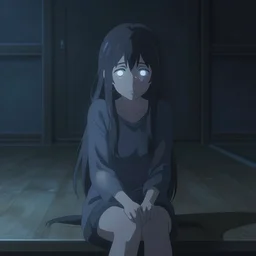 Young Himalayan woman sitting concerned in an empty room, night time scene, somber white eyes, long ashy hair, gentle lighting, futuristic, dim lighting, digital art by Makoto Shinkai ilya kuvshinov and Wojtek Fus, digital art, concept art,