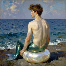 vintage beautiful painting of a gay merman looking with the back at the sea sitting on a white pearl in Mary Cassatt style