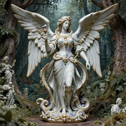 high intricate porcelain baroque angelic warrior standing inside an ancient forest, maria panfilova, andrea savchenko, mike kime, ludovic plouffe, qi sheng luo, oliver cook, trending on artstation
