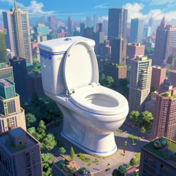 Landscape of a giant porcelain toilet in the middle of a cityscape, rendered by Beeple, Makoto Shinkai, syd meade, simon stålenhag, synthwave style, environment concept, digital art, unreal engine, WLOP, trending on artstation, 4K UHD image, octane render,