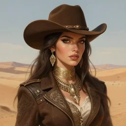 cowboy woman portrait, desert background, fantasy, intricate, elegant, highly detailed, digital painting, artstation, concept art, smooth, sharp focus, illustration, art by afshar petros and krenz cushart and artem demura and alex alice and tony sandoval
