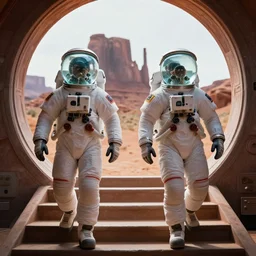symmetric digital portrait, astronauts with transparent glass fish tank heads walk on the stairs of the circular space, monument valley, sharp focus, realistic scifi masterpiece, cinematic natural light, highly intricate details, 8 k, hdr, octane render