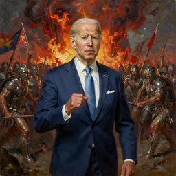 Joe Biden leads the armies of hell, oil on canvas, 1883