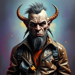an apocalyptic scifi orcish biker character, fashionable standing pose, professional photo, psychedelic vibrant colors, futuristic punk rock fashion, highly detailed oil painting by michael whelan art, perfect expressive face, sharp focus, detailed eyes, realistic, leather jacket, 8 k, michael whelan art