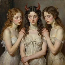 a portrait of Satan and his concubines , white eyes, bored, illustration, soft lighting, soft details, painting oil on canvas by Edmund Blair Leighton and Charlie Bowater octane render, HDR, trending on artstation, 4k, 8k, HD
