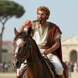 roman emperor leonid eating kebab on the horse, a close view, hyperrealistic, 8 k