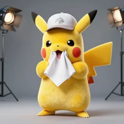 portrait sneezing mid - sneeze midsneeze detective sneezing pikachu mid - sneeze wiping face with rag at a photoshoot studio lighting