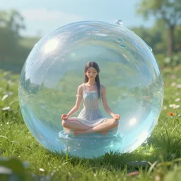 render of one huge fantasy transparent translucent round water - slime in the meadow. a girl in a dress sits on a slime in a lotus pose. fantasy, high details, masterpiece, cgsociety, octane render, 8 k, volumetric lighting, photorealism, translucent raytracing, artstation contest winner