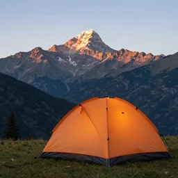 an orange tent in the foreground of the sierra mountains at dawn, photo, 4 k