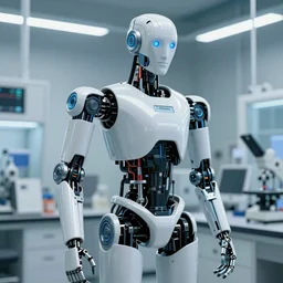human merged into a robot in a lab, photorealistic, coherent as Dall-E 2