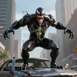 Venom character standing on top of a destroyed car in an urban environment, by Marvel Studios, by Jason Chan, DaveRapoza, arms stretched wide, black slime, symbiote, sharp teeth, long tongue, green saliva, hyperealistic, Octane render, volumetric lighting