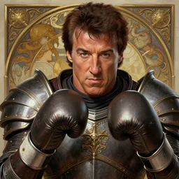 Sylvester Stallone boxing knight, closeup, D&D, fantasy, intricate, elegant, highly detailed, digital painting, artstation, concept art, matte, sharp focus, illustration, hearthstone, art by Artgerm and Greg Rutkowski and Alphonse Mucha