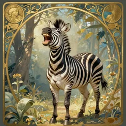 a laughing happy zebra. art by maria sibylla merian. background as art nouveau