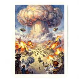 dixit card, vanishing point, docks, airships, banners, parade, war scene, explosions, flak, skypirate, laputa, mist, porko rosso, foreground watcher, smoke, fire, crash, cumulonimbus, intricate, amazing composition, colorful watercolor, by ruan jia, by maxfield parrish, by shaun tan, by nc wyeth, by michael whelan, by escher, illustration, volumetric, bloom, sun puddle
