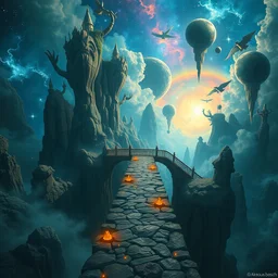 beguiling epic stunning beautiful insanely detailed matte painting of a bridge through nebula dream worlds designed by heironymous bosch, by cyril rolando and asher durand and natalie shau, whimsical, intricate