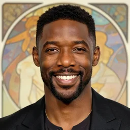 centralized close up portrait, friendly smiling chadwick boseman prince mage, abstract background, alphonse mucha, rhads, ross tran, artstation, artgerm, octane render, 1 6 k