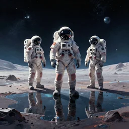 martian surface illustration with astronauts standing illustraion, utopian, tech noir, wet reflections, prism, atmospheric